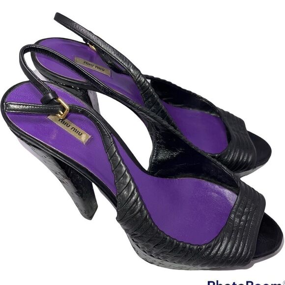 Miu Miu Heels Black Leather SlingBack Heels Size 37.5 US 7.5 Authentic - Picture 3 of 14